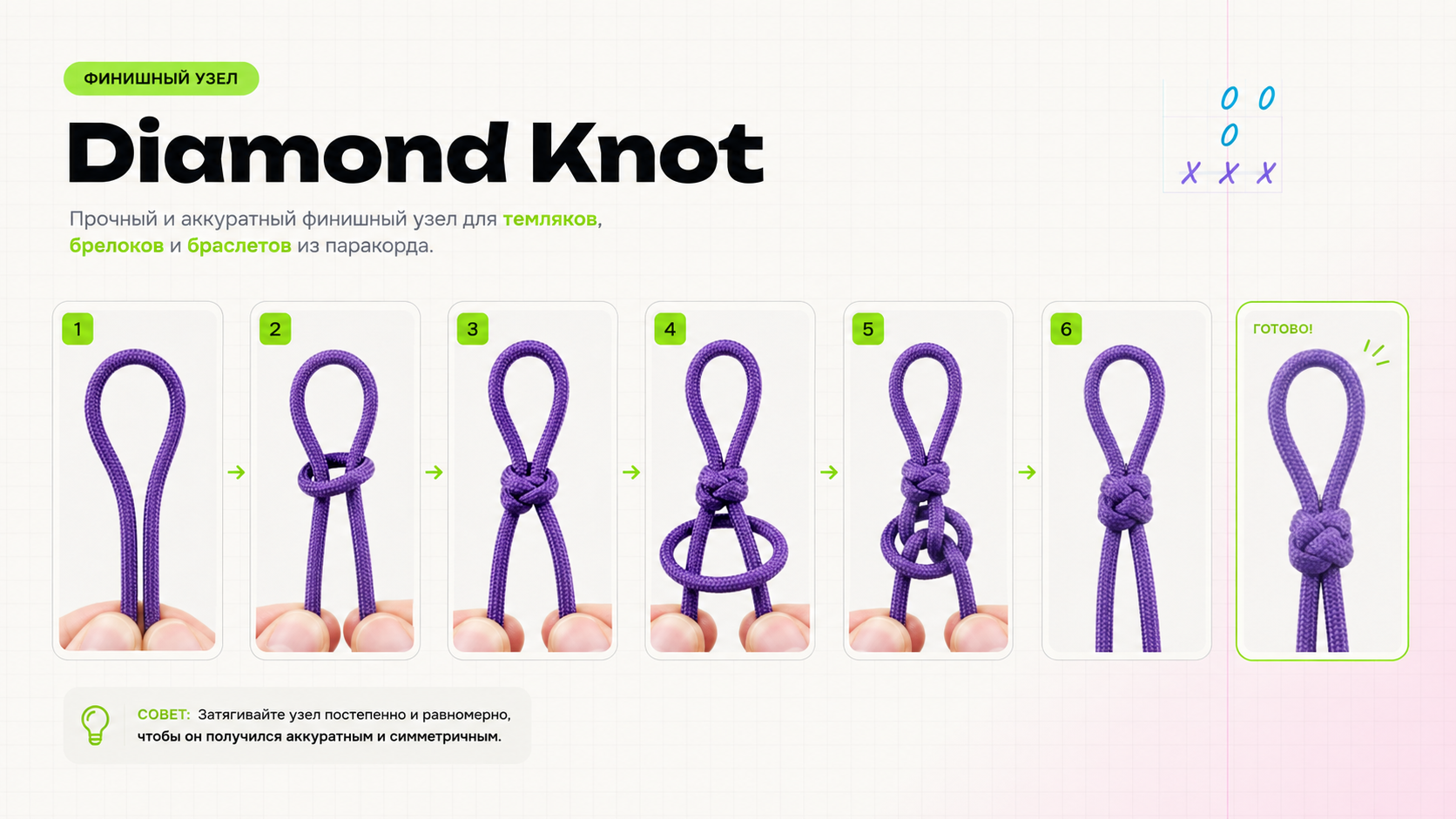 Пошаговая схема бриллиантового узла Diamond Knot