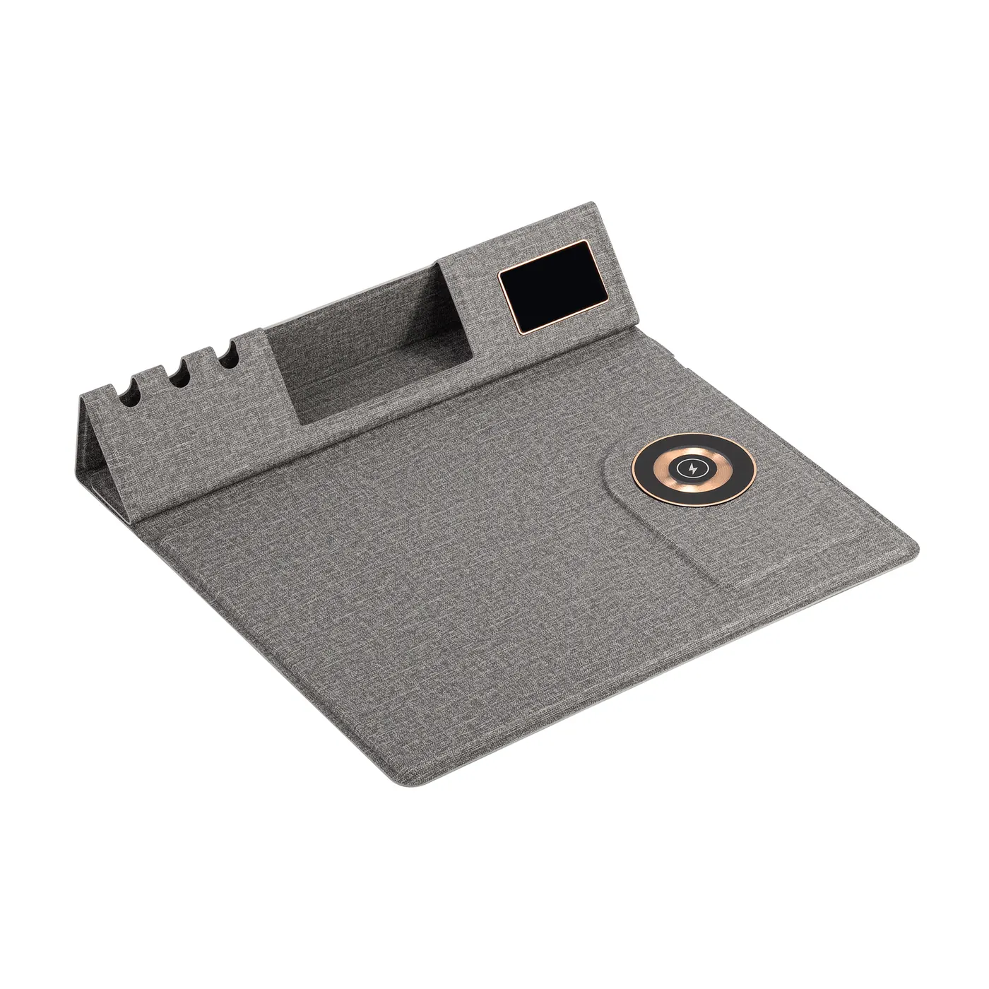 Настольная складная подставка "Cool Mat" с беспроводным (15W) ЗУ, сенсорной подсветкой логотипа, функцией MagSafe и ковриком для мыши, серый