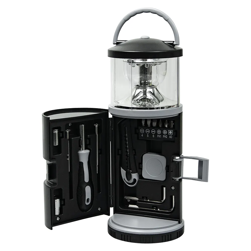 Набор инструментов Tools lantern cо встроенной лампой , 15 инструментов, черный, в пластиковом футляре, черный