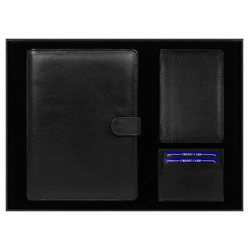 Набор подарочный Solution Prestige Quadro (Блокнот Flexy Forest Urban Latte в суперобложке Country Leather Sky, обложка для автодокументов Leather Sun, футляр для кредитных карт/картхолдер Leather Way), черный