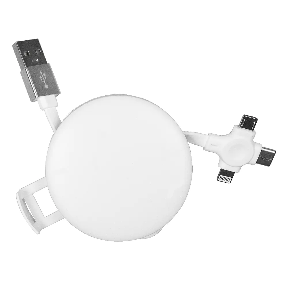 Кабель зарядный выдвижной USB Wingle 3-в-1 на Lightning, Micro-USB, Type-C «U50» 2,4 A, Quick Charge с подставкой для телефона, белый, белый