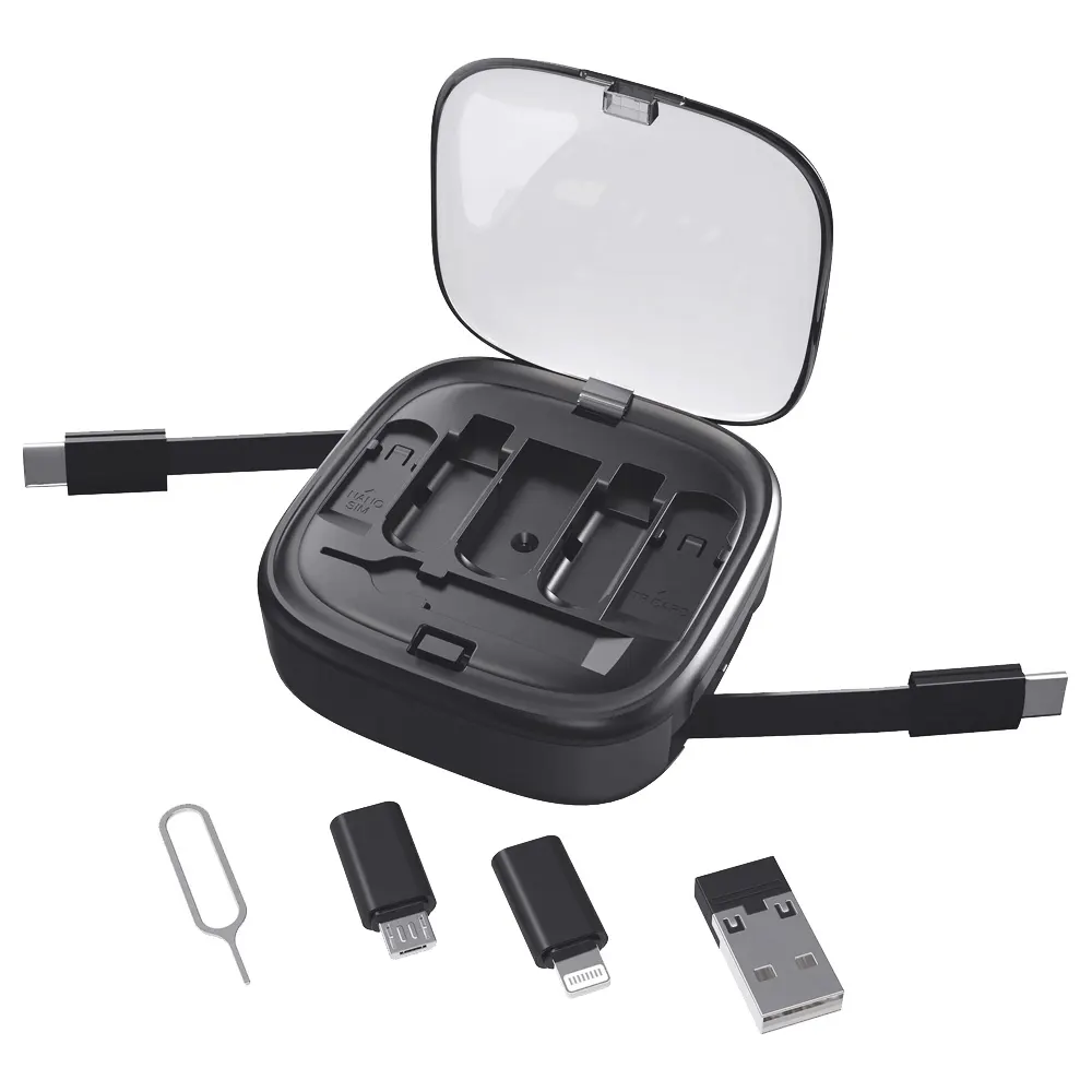 Кабель зарядный выдвижной USB Solid Link 5-в-1 на Lightning, Micro-USB, Type-C «U50» 2,4 A, C to C, Quick Charge с подставкой для телефона, квадратный, черный