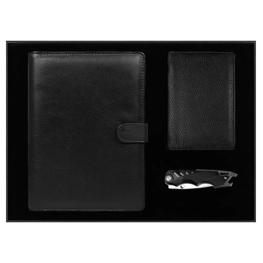 Набор подарочный Solution Prestige Quadro (Блокнот Flexy Forest Urban Latte в суперобложке Country Leather Sky, обложка для автодокументов Leather Sun, нож складной Tools Impression), черный