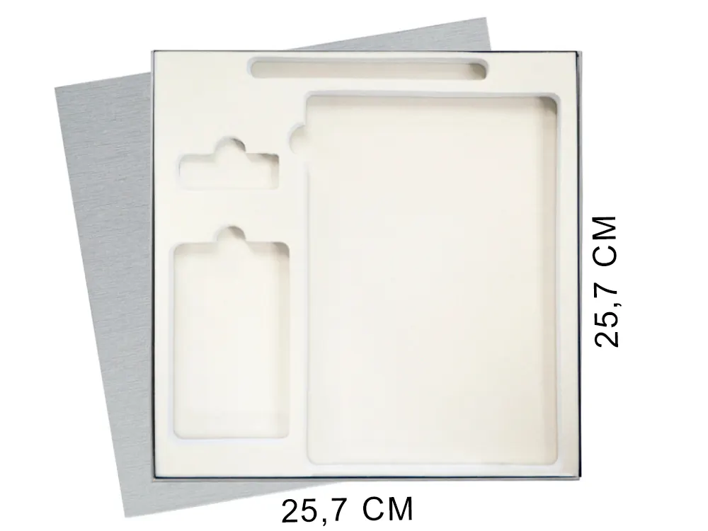 Коробка подарочная Solution Superior Linen, черная, 25,7x25,7, с вырубкой под ежедневник/ручку/флешку/пауэрбанк 7,0х11,7, серебристый 3, бумага под лён