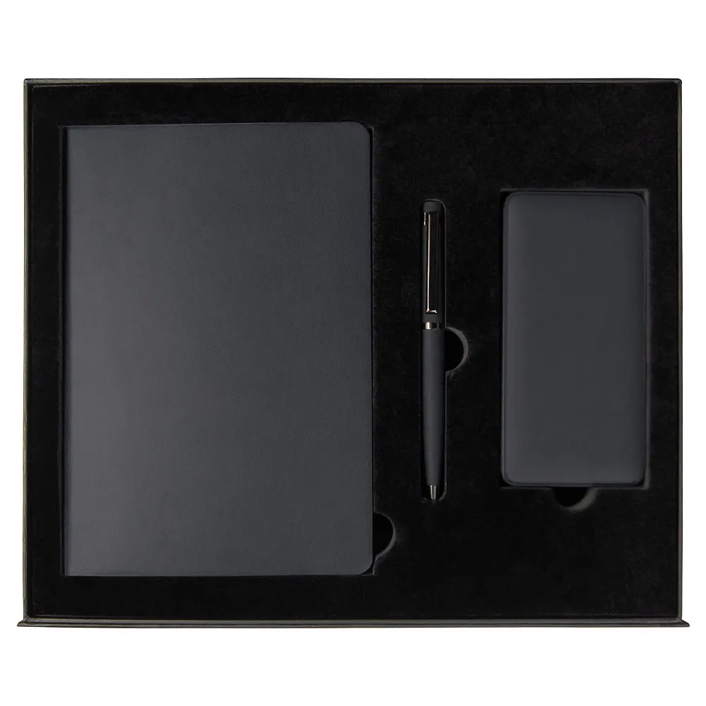 Набор подарочный Solution Prestige Yota Trio (Ежедневник Flexy Soft Touch Latte А5, Внешний аккумулятор (powerbank) «WeCharge Soft Touch», Ручка Grand Attashe металлическая,) в подарочный коробке, темно-синий, черный