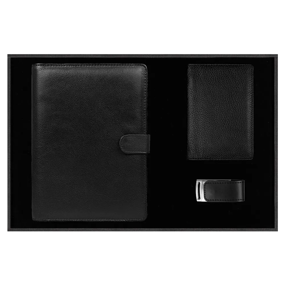 Набор подарочный Solution Prestige Quadro (Блокнот Alfa Polo Line в суперобложке Country Leather Sky, обложка для автодокументов Leather Sun, флеш накопитель Shine, USB 2.0 32GB), черный