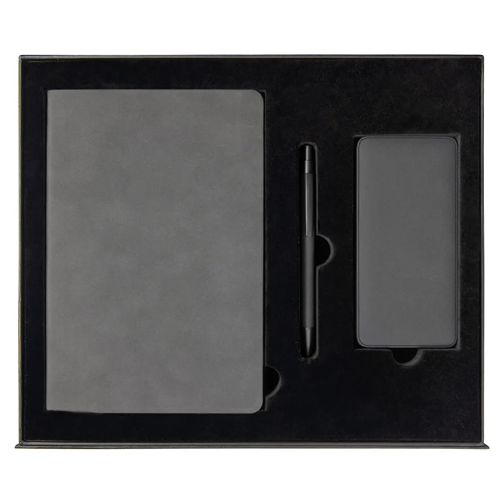Набор подарочный Solution Prestige Yota Trio (Ежедневник Flexy Nuba А5, Внешний аккумулятор (powerbank) «WeCharge Velvet», Ручка Gray stone Requis металлическая,) в подарочный коробке, серый, черный