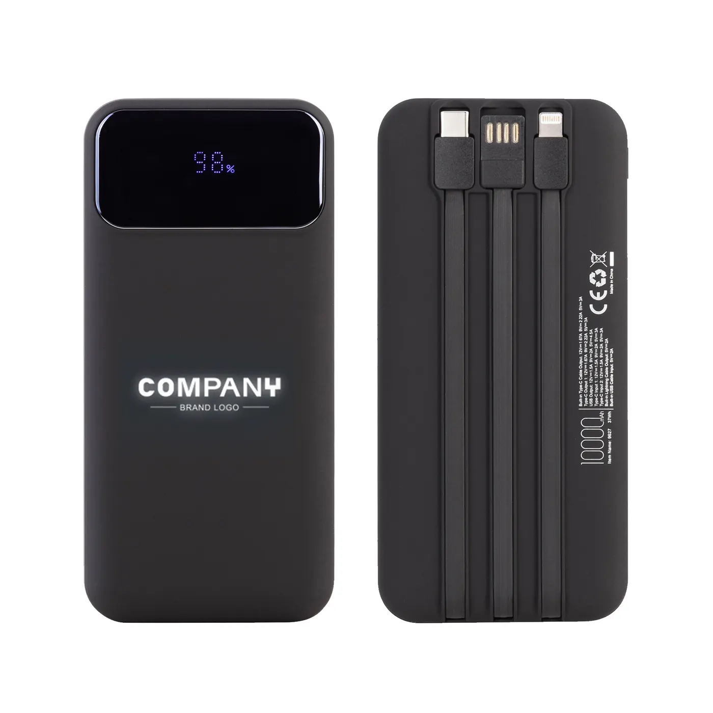 Зарядное (22.5W) устройство "Grade SOFTTOUCH" 10000 mAh с подсветкой логотипа, встроенными кабелями и цифровым индикатором заряда, Черный