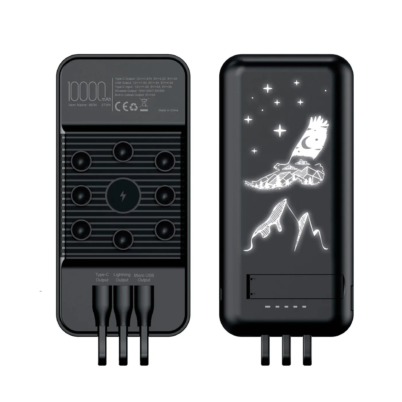 Беспроводное зарядное (22.5/15W) устройство "Topfull SOFTTOUCH" 10000 mAh с подсветкой лого, присосками, встроенными кабелями, с подставкой, Черный