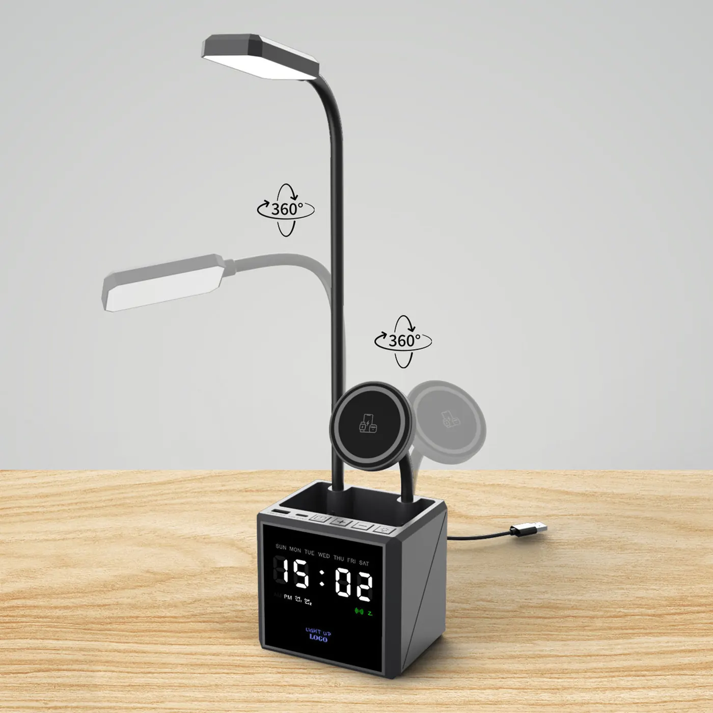 Лампа "Smart Flex" с беспроводным 3в1 (15W) ЗУ с MagSafe, часами, карандашницей и подсветкой логотипа, Черный