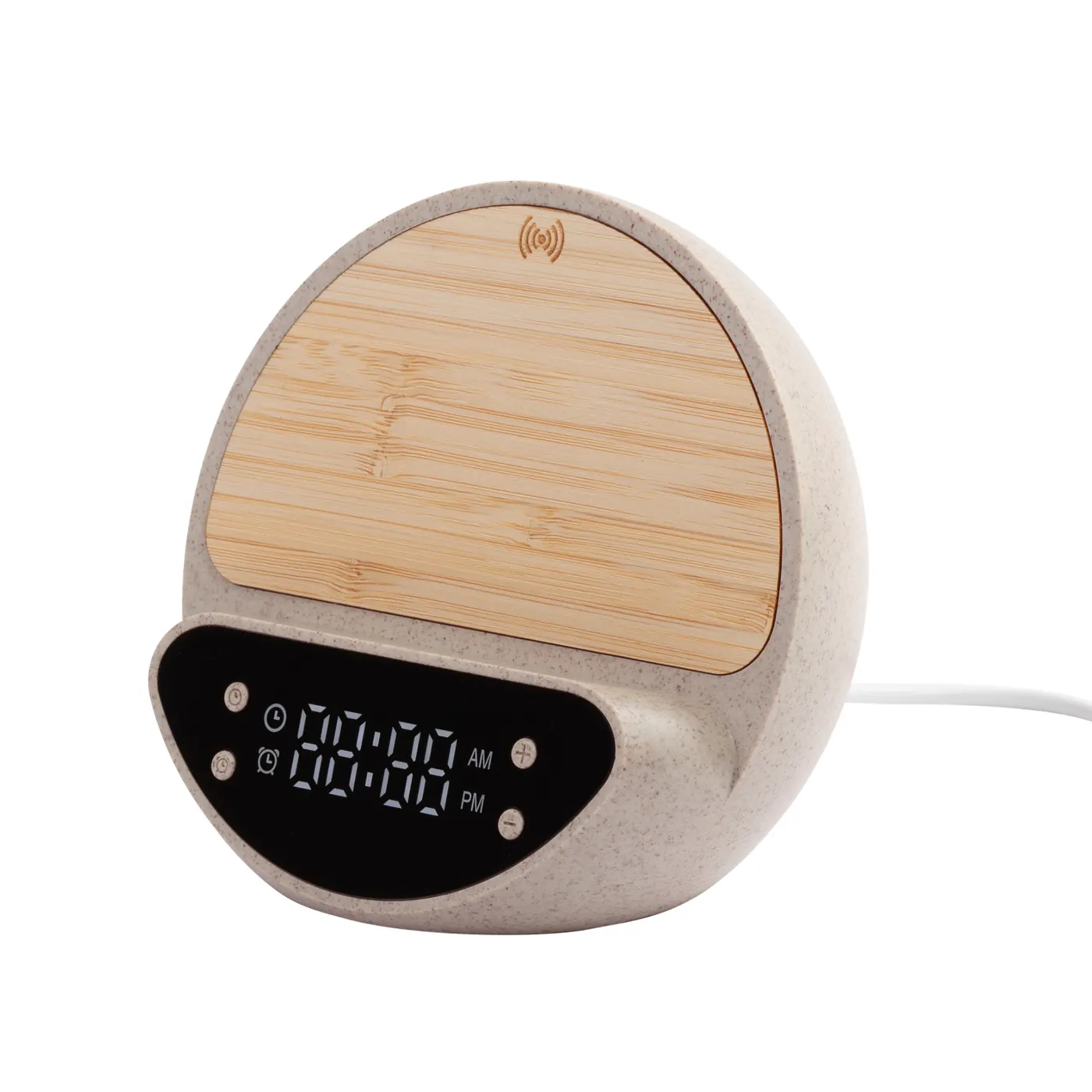 Настольные часы "Smiley" с беспроводным (10W) зарядным устройством и будильником, пшеница/бамбук/пластик, Бежевый