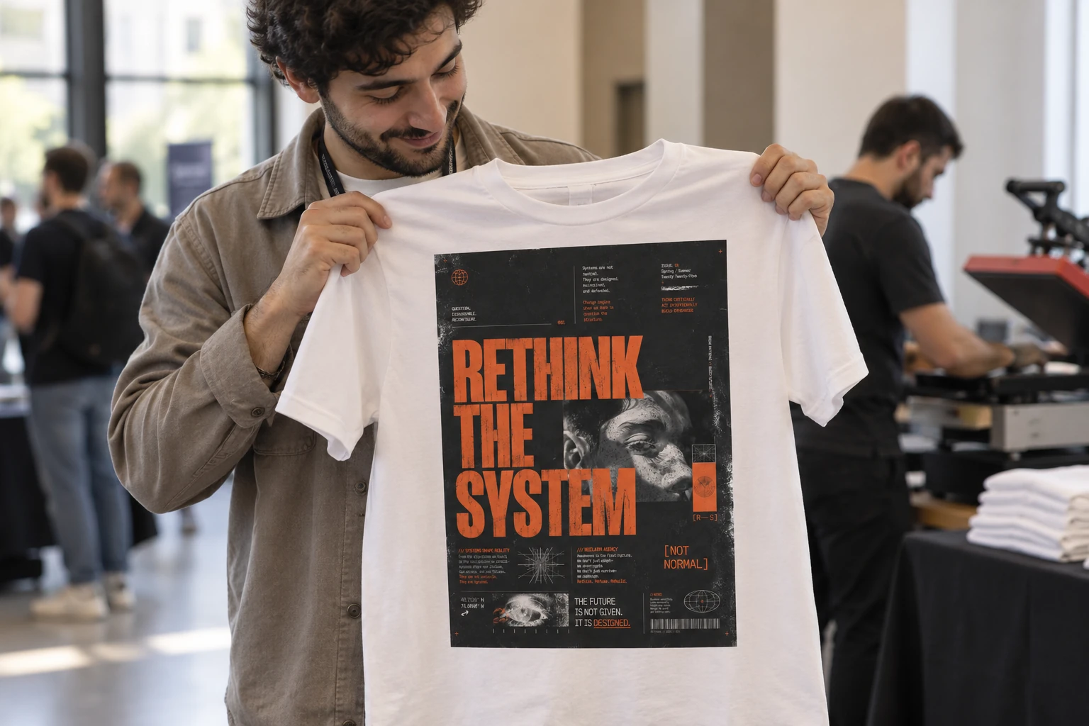 AI-визуализация: гость показывает футболку с принтом RETHINK THE SYSTEM