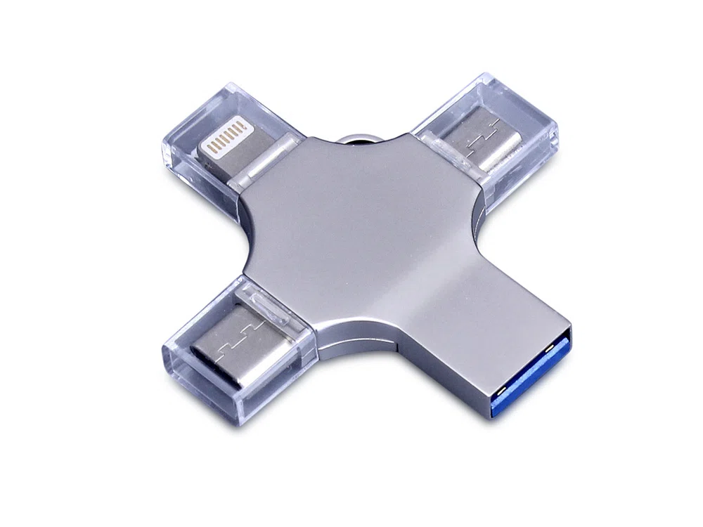 USB 3.0-флешка на 128 Гб 4-в-1 с разъемами Micro USB, Type-C и Lightning, серебристый