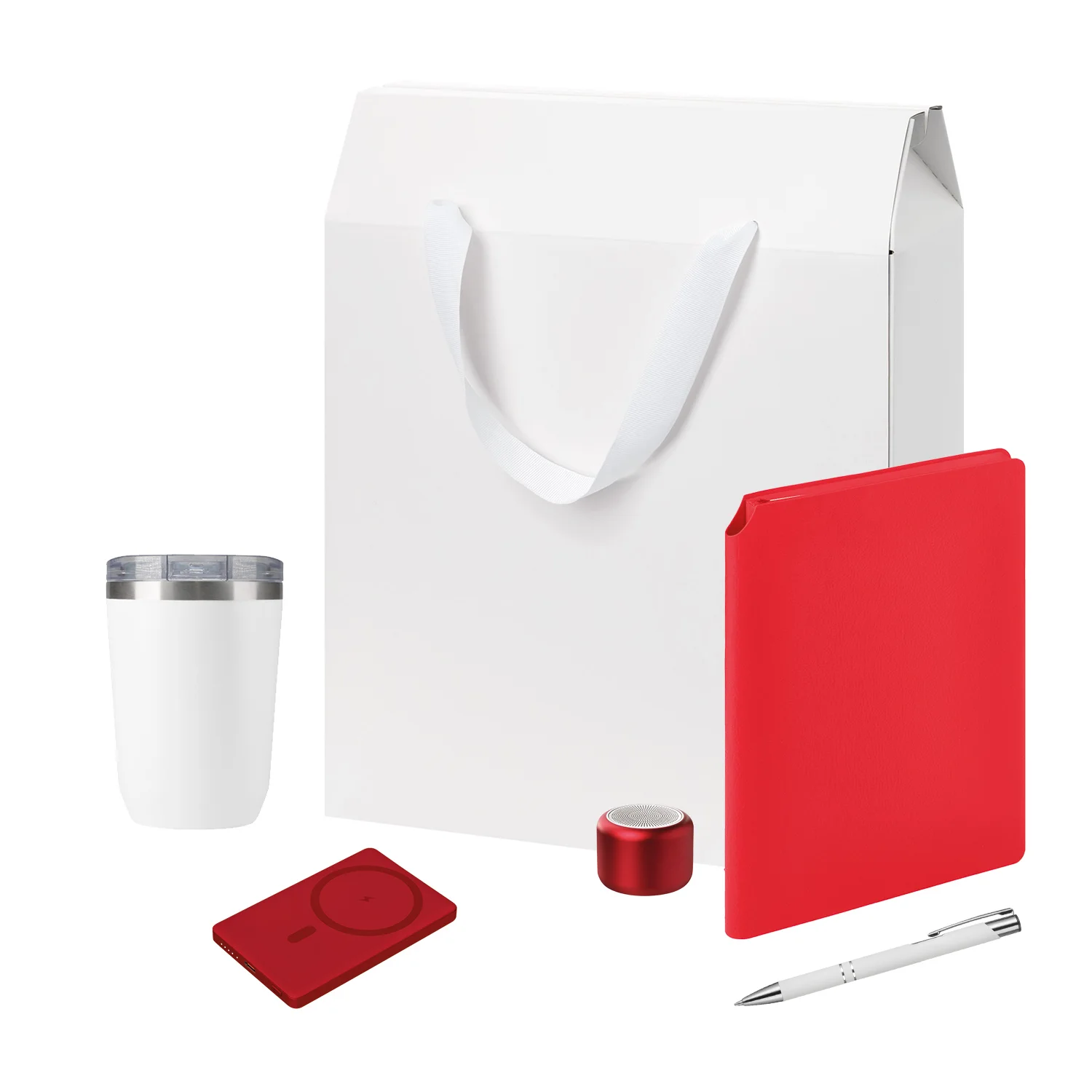 Подарочный набор Велком Пак Премиум (Welcome Pack Premium), красный (термокружка, колонка, ежедневник, ручка, ЗУ, коробка-пакет), красный/белый